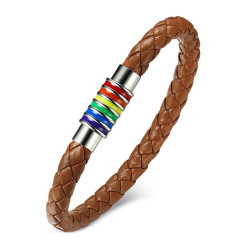 Bracelet LGBT Cuir Marron Caramel Acier Argenté bobijoo