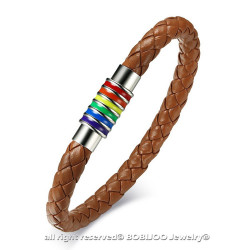 Bracelet LGBT Cuir Marron Caramel Acier Argenté bobijoo