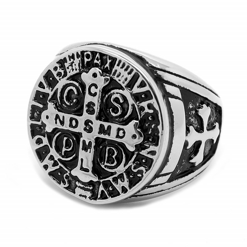 BA0245 BOBIJOO Jewelry Signet Ring Medal Cross, Saint Benedict Templar Steel