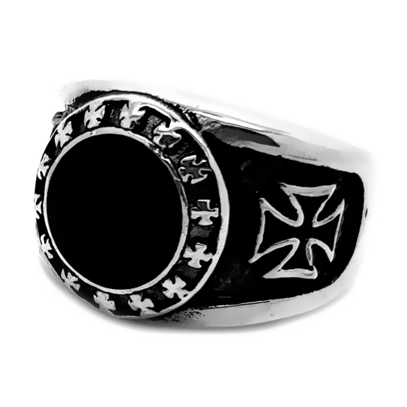 Bague Chevalière Ronde Templier Croix pattée Onyx bobijoo