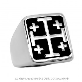 BA0257 BOBIJOO Jewelry Anello Sigillo Templare Croce di Gerusalemme in Acciaio