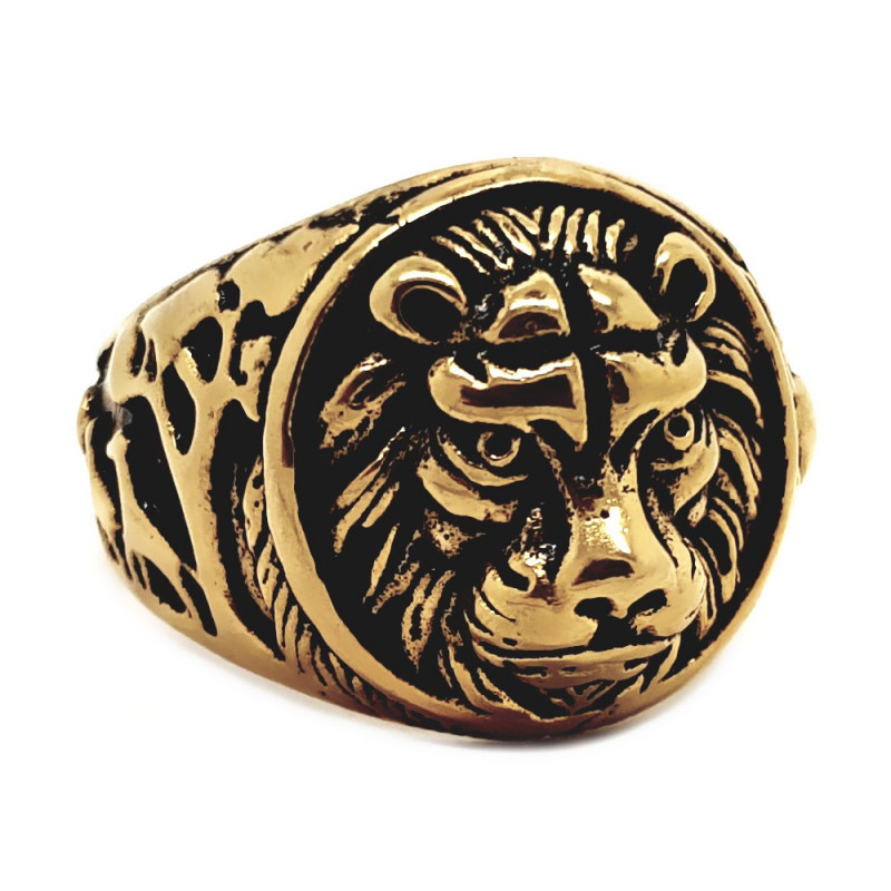 BA0258 BOBIJOO Jewelry Anillo anillo de sellar, Ronda de Cabeza de León de Acero Negro Oro