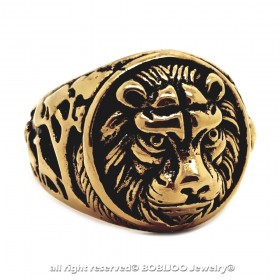 BA0258 BOBIJOO Jewelry Anillo anillo de sellar, Ronda de Cabeza de León de Acero Negro Oro