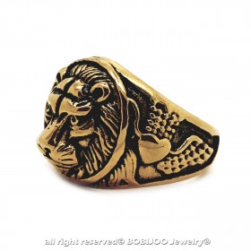 BA0258 BOBIJOO Jewelry Ring Signet ring, Round Lion Head Steel Black Gold