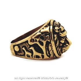 BA0258 BOBIJOO Jewelry Ring Signet ring, Round Lion Head Steel Black Gold