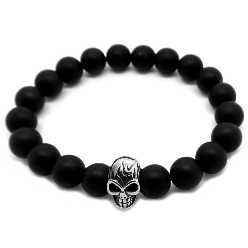 Bracelet Pierre Onyx Noir Mat 10mm Tête de Mort Crâne Acier bobijoo