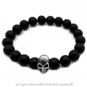 BR0039 BOBIJOO Jewelry Pulsera de Piedra de Ónice Negro Mate de 10mm de Cabeza de la Muerte del Cráneo de Acero