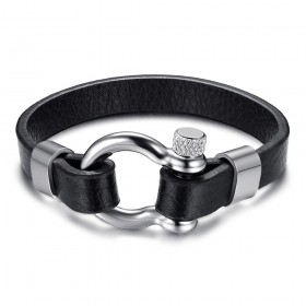 Bracelet Nautique Vis Ancrage Marin Homme Cuir Noir Acier bobijoo