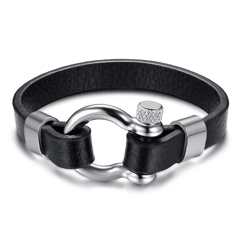 BRH0001 BOBIJOO Jewelry Bracciale Nautica Vite Di Ancoraggio Marinaio Uomo In Pelle Nera In Acciaio