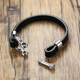 BRH0001 BOBIJOO Jewelry Pulsera Náutica Tornillo De Anclaje Hombre Marinero De Cuero Negro De Acero