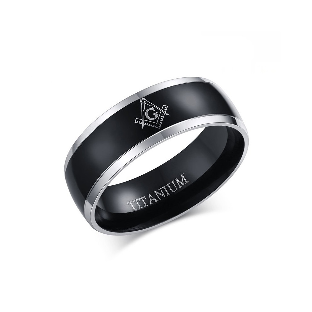 Bague Alliance Titane PLaquage Ionique Noir Argenté Noir Homme Femme Franc Maçon Maçonnerie Masonic bobijoo