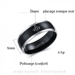 Bague Alliance Titane PLaquage Ionique Noir Argenté Noir Homme Femme Franc Maçon Maçonnerie Masonic bobijoo