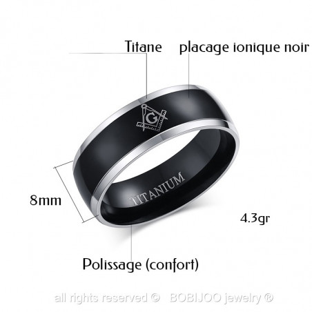 BA0025 BOBIJOO Jewelry Ring-Alliance-Titan-Beschichtung Ionen-Schwarz Silber-Schwarz, Mann, Frau, Freimaurer Und Freimaurerei...