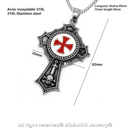 Pendentif Acier Templier Croix Pattée Rouge bobijoo