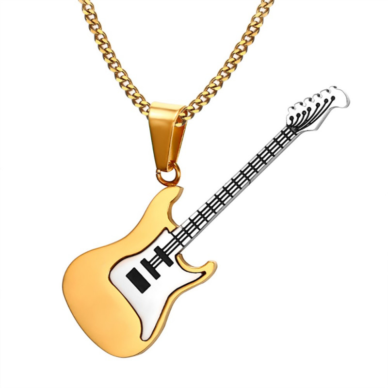 PE0151 BOBIJOO Jewelry Pendant Electric Guitar Rock Steel Black Gold Silver + Chain