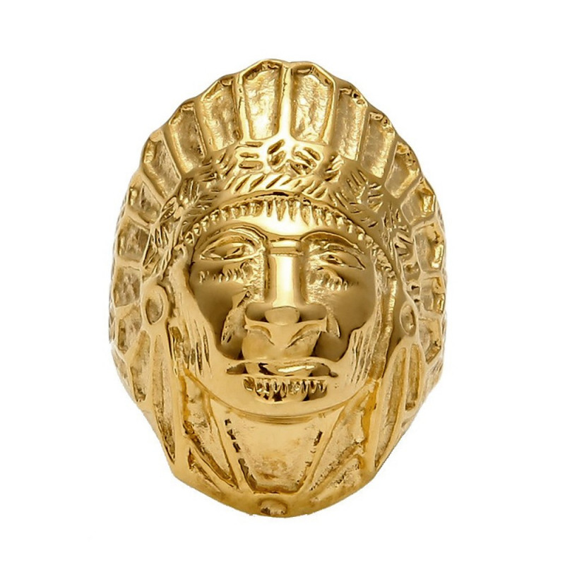 BA0267 BOBIJOO Jewelry El Anillo De Sellar El Hombre Indio De Cabeza Chapado En Oro De Acero