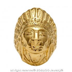 BA0267 BOBIJOO Jewelry Signet Ring Man Indian Head Gold-Plated Steel