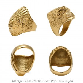 Chevalière Bague Homme Tête Indien Acier Plaqué Or bobijoo