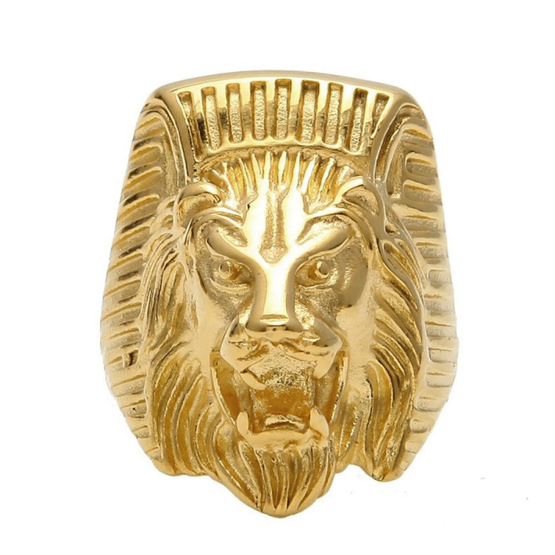 Chevalière Bague Homme Tête de Lion Pharaon Acier Or bobijoo