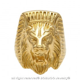 Chevalière Bague Homme Tête de Lion Pharaon Acier Or bobijoo