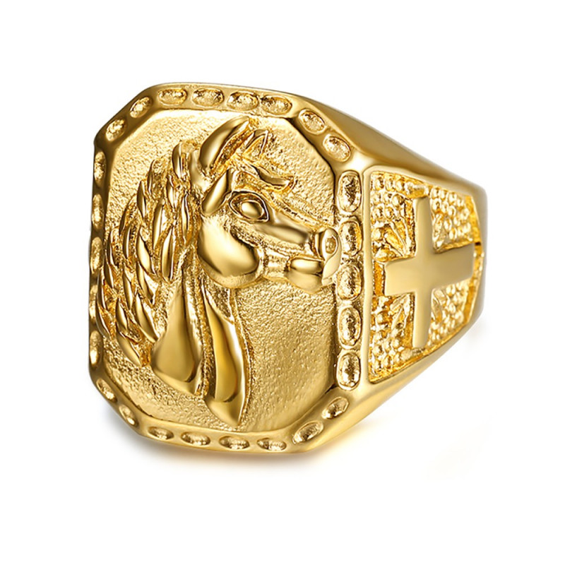 BOBIJOO El Anillo de sellar el Hombre de la Cabeza de Caballo de Acero de Oro de Cruz - 29,90 €