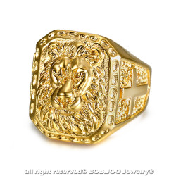 BA0271 BOBIJOO Jewelry Siegelring Ring Mann löwenkopf Edelstahl Gold Kreuz