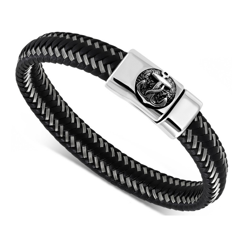 BR0260 BOBIJOO Jewelry Pulsera de Hombre de Cuero Genuino Negro Acero 316L Elección