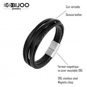 BR0262 BOBIJOO Jewelry Pulsera de Hombre de Cuero Genuino de Acero 316L de Elección Múltiple