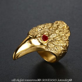 Bague Chevalière Tête d'Aigle Yeux Rouges Acier Or bobijoo