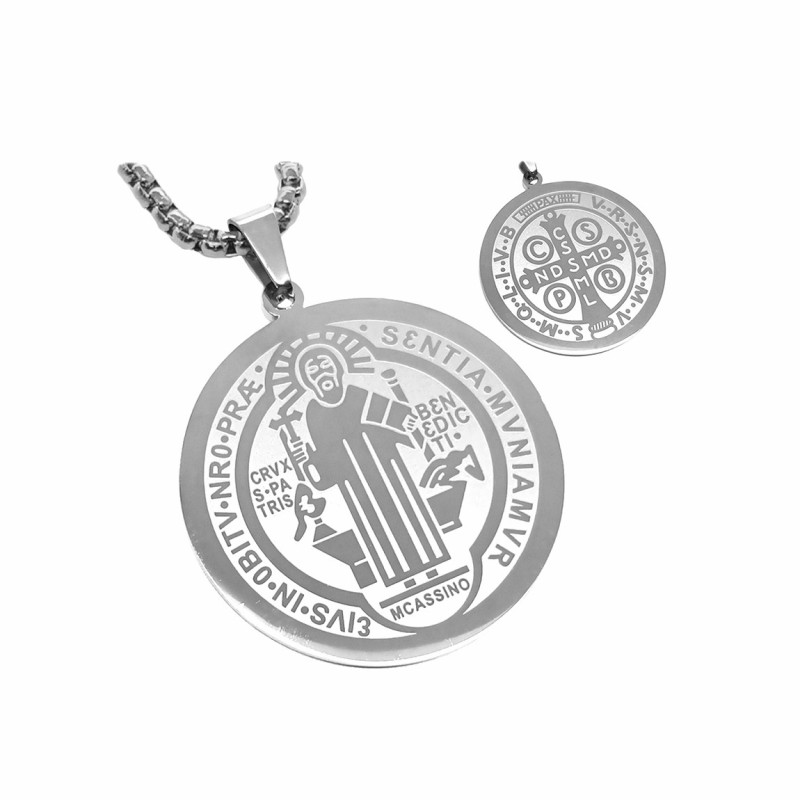 Pendentif Médaille Collier Saint Benoît Acier Argenté + Chaîne bobijoo