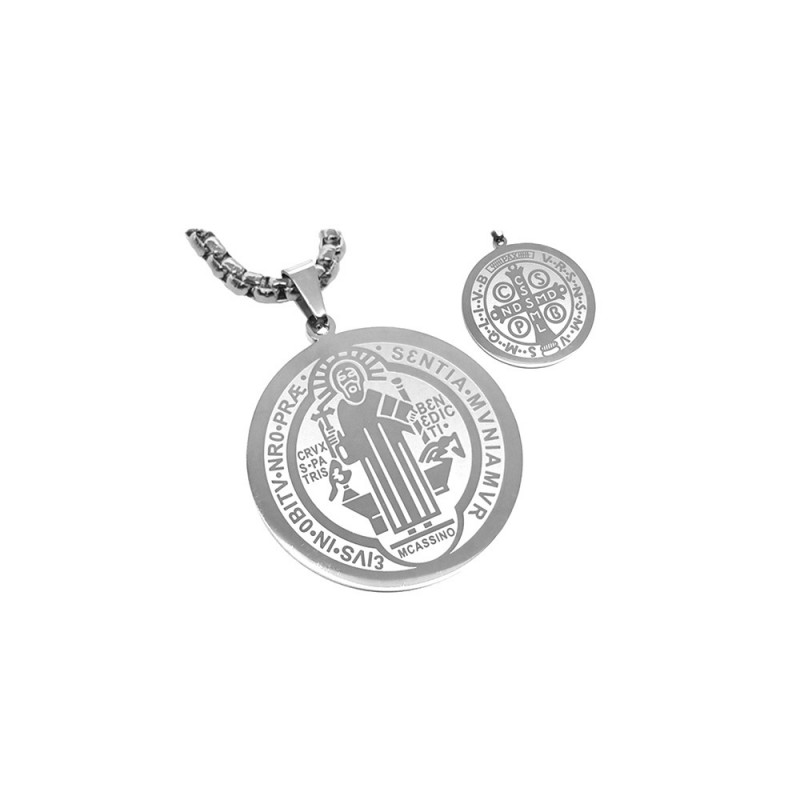 Pendentif Médaille Collier Saint Benoît Acier Argenté + Chaîne bobijoo