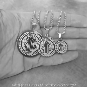 PE0159 BOBIJOO Jewelry Pendant Medal Necklace, St Benedict Steel, Silver + Chain