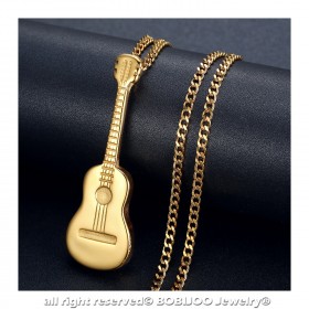 PE0175 LE BAGACIER Anhänger Gitarre Reisenden Gipsy Stahl Vergoldet + Kette