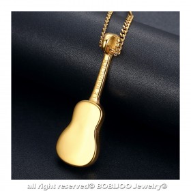 PE0175 LE BAGACIER Anhänger Gitarre Reisenden Gipsy Stahl Vergoldet + Kette