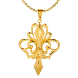 PE0161 BOBIJOO Jewelry Large Pendant Necklace with Fleur-de-Lis Gold-Plated Steel + String