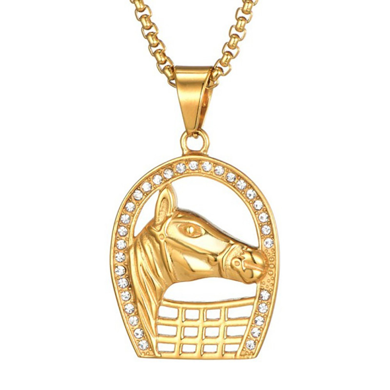 PE0162 BOBIJOO Jewelry Gold Plated Camargue Rhinestone Horseshoe Pendant + Chain