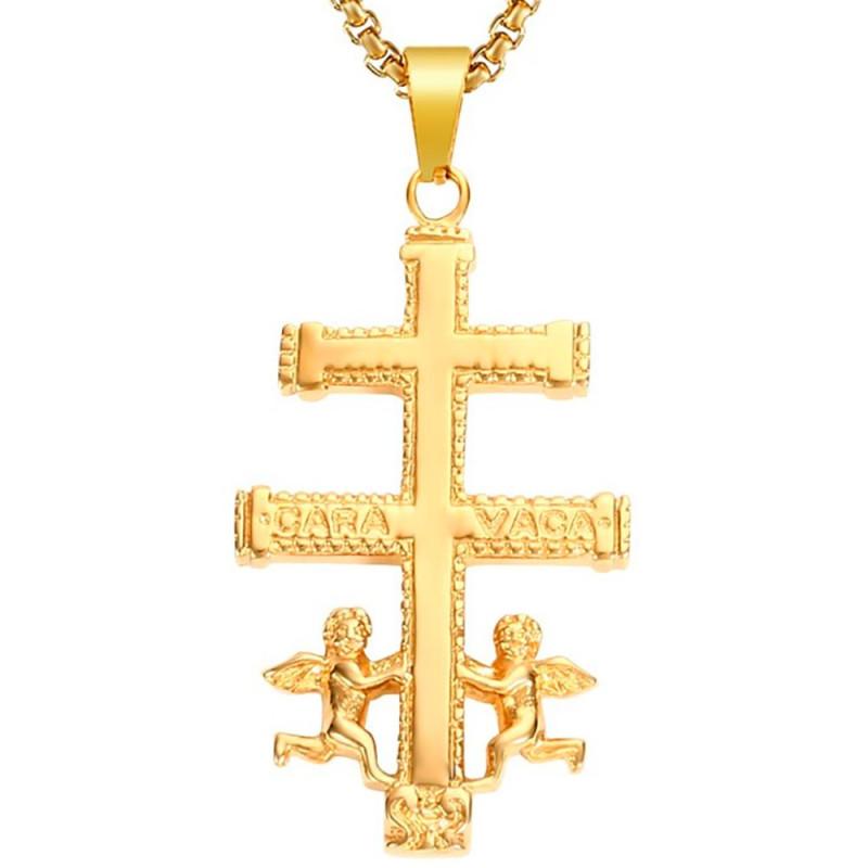 PE0176 BOBIJOO Jewelry Großer Anhänger Kreuz von Caravaca Stahl Vergoldet + Kette