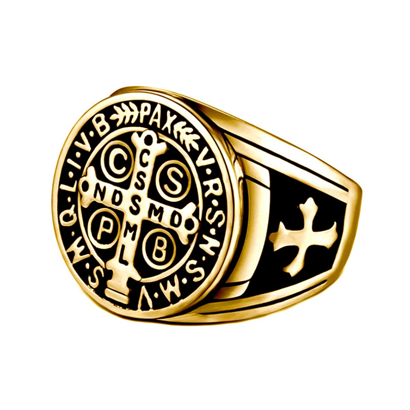 BA0290 BOBIJOO Jewelry Sello De La Cruz Anillo De San Benito Pátina De Oro