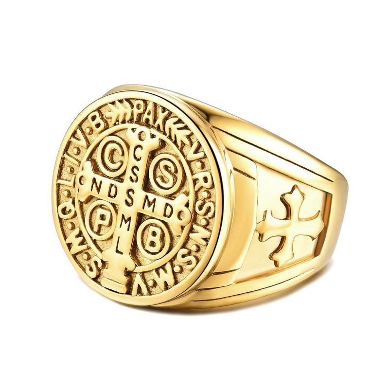 BA0291 BOBIJOO Jewelry Sello De La Cruz Anillo De San Benito Bruto De Oro