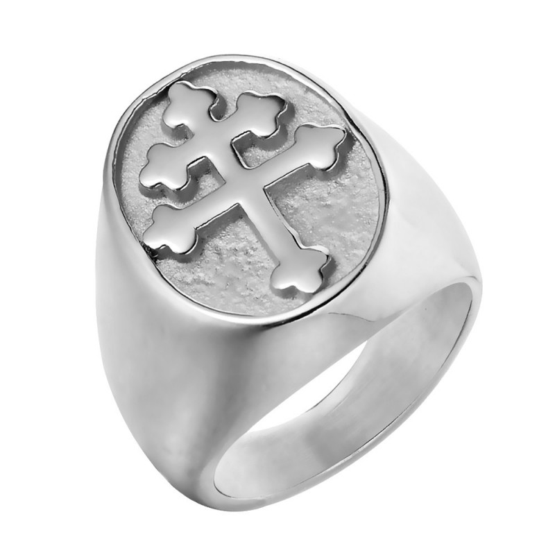 Bague Chevalière Croix de Lorraine Anjou Acier Argent bobijoo