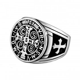 BA0290S BOBIJOO Jewelry Signet Cross Ring Saint Benedict Patinated Silver