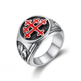 BA0293 BOBIJOO Jewelry Ring Siegelring Kreuz von Lothringen Rot Fleur-de-Lys