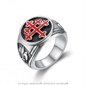 BA0293 BOBIJOO Jewelry Ring Siegelring Kreuz von Lothringen Rot Fleur-de-Lys