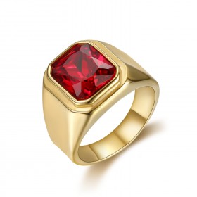 Bague Chevalière Cabochon Carré Acier Or Faux Rubis bobijoo