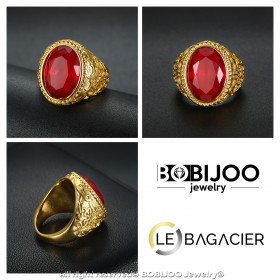 BA0295 BOBIJOO Jewelry Imposing Ring Signet Ring Steel Gold Fake Ruby