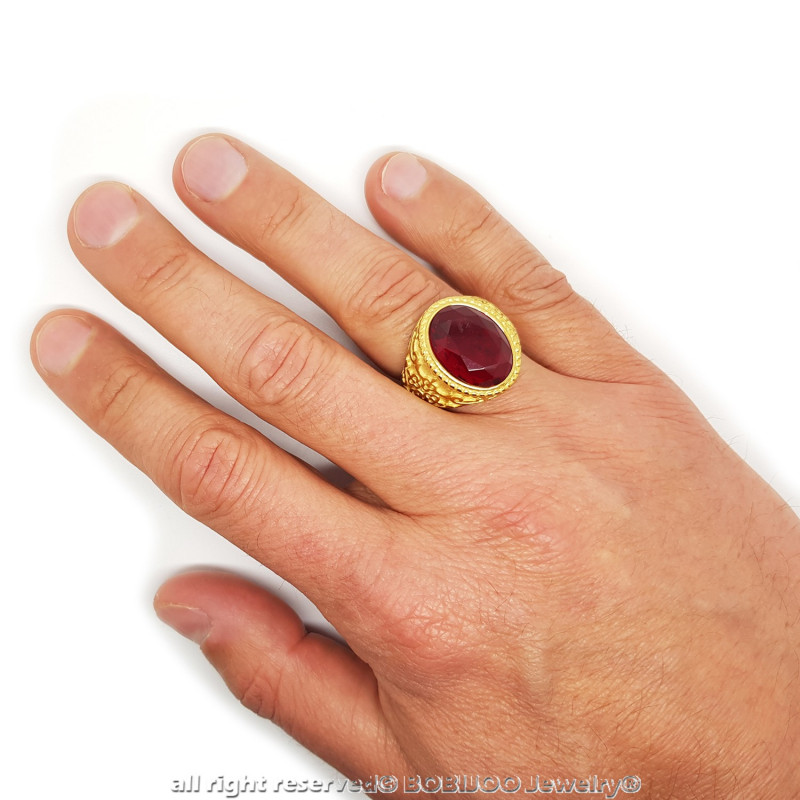PYTALI Garnet Ring for Men 10K 14K 18K Solid Real Yellow Gold Hollow Signet  Ring for
