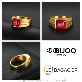 Bague Chevalière Cabochon Discret Carré Acier Or Rubis bobijoo