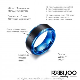 Bague Chevalière Alliance Homme Tungstène Bleu Noir Mat  bobijoo