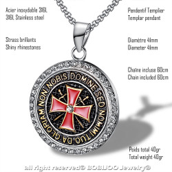PE0158 BOBIJOO Jewelry Pendant Templar Steel Rhinestone Cross Non Nobis + String