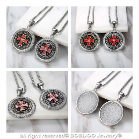 PE0158 BOBIJOO Jewelry Pendant Templar Steel Rhinestone Cross Non Nobis + String